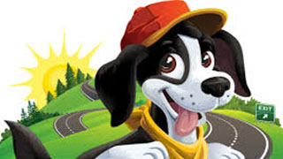 A cartoon dog mascot wearing a hat