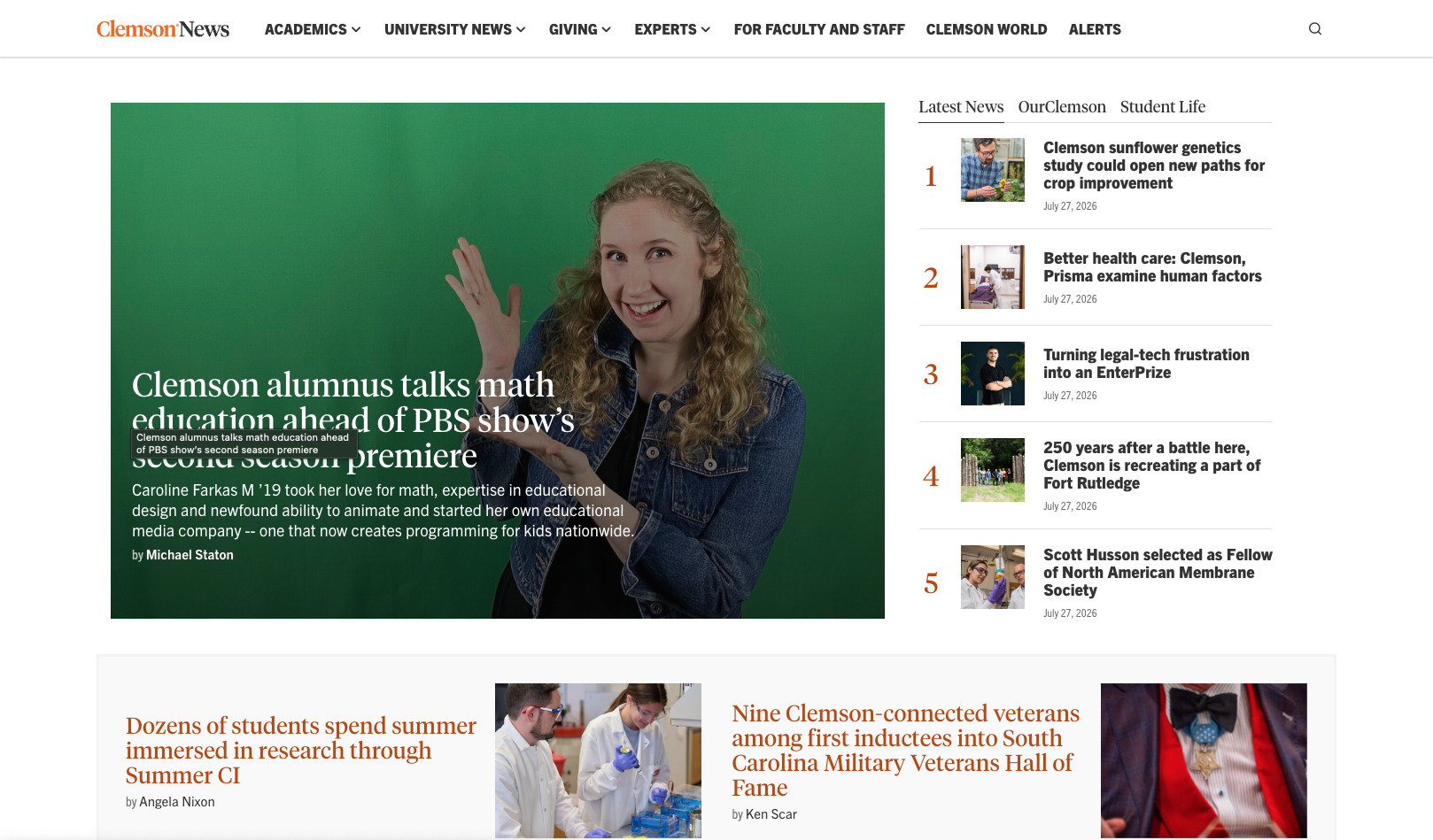 Clemson News homepage with featured stories, and numbered news feeds