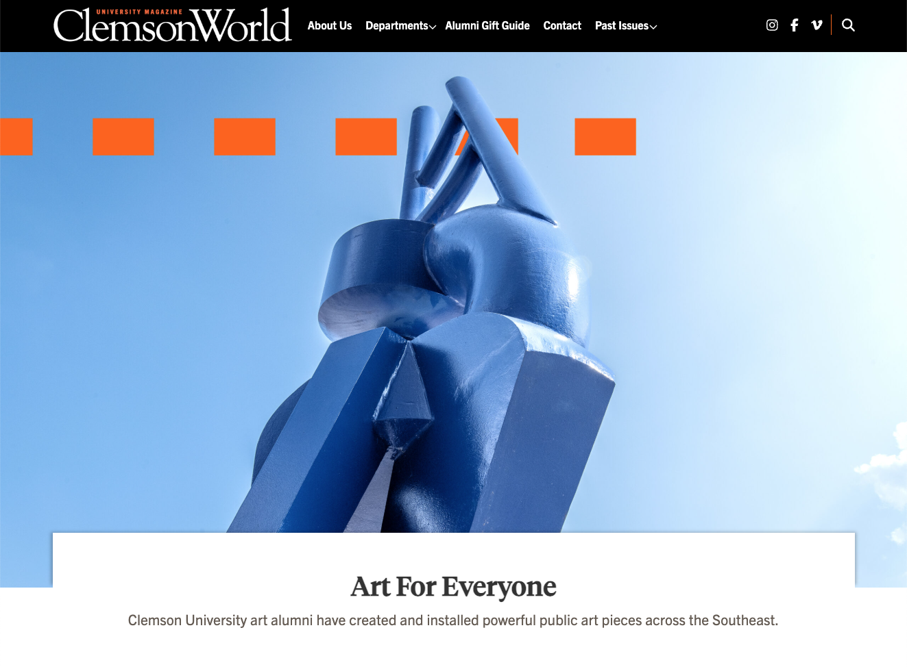 Clemson World homepage with large featured image from the story titled, 'Art for Everyone'