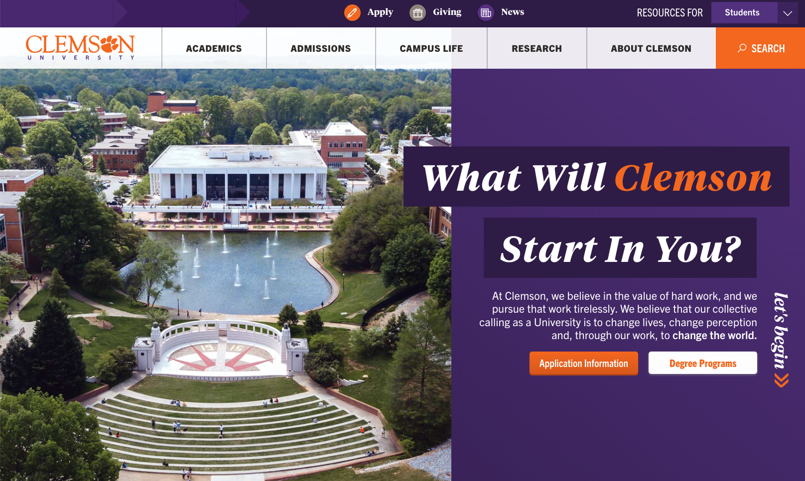 Clemson University homepage featuring aerial shot of campus and the headline, 'What Will Clemson Start In You?'